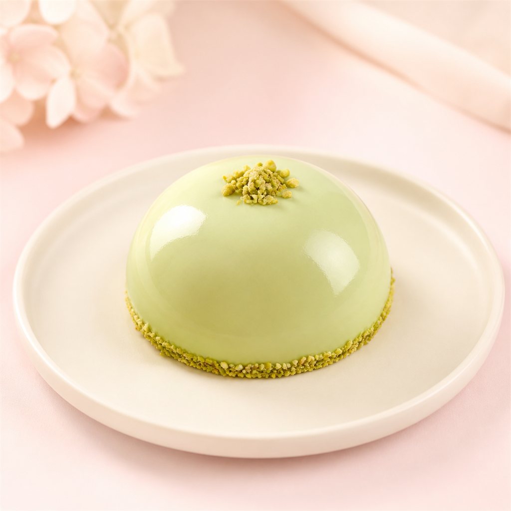淡い緑のピスタチオムースのドームケーキ