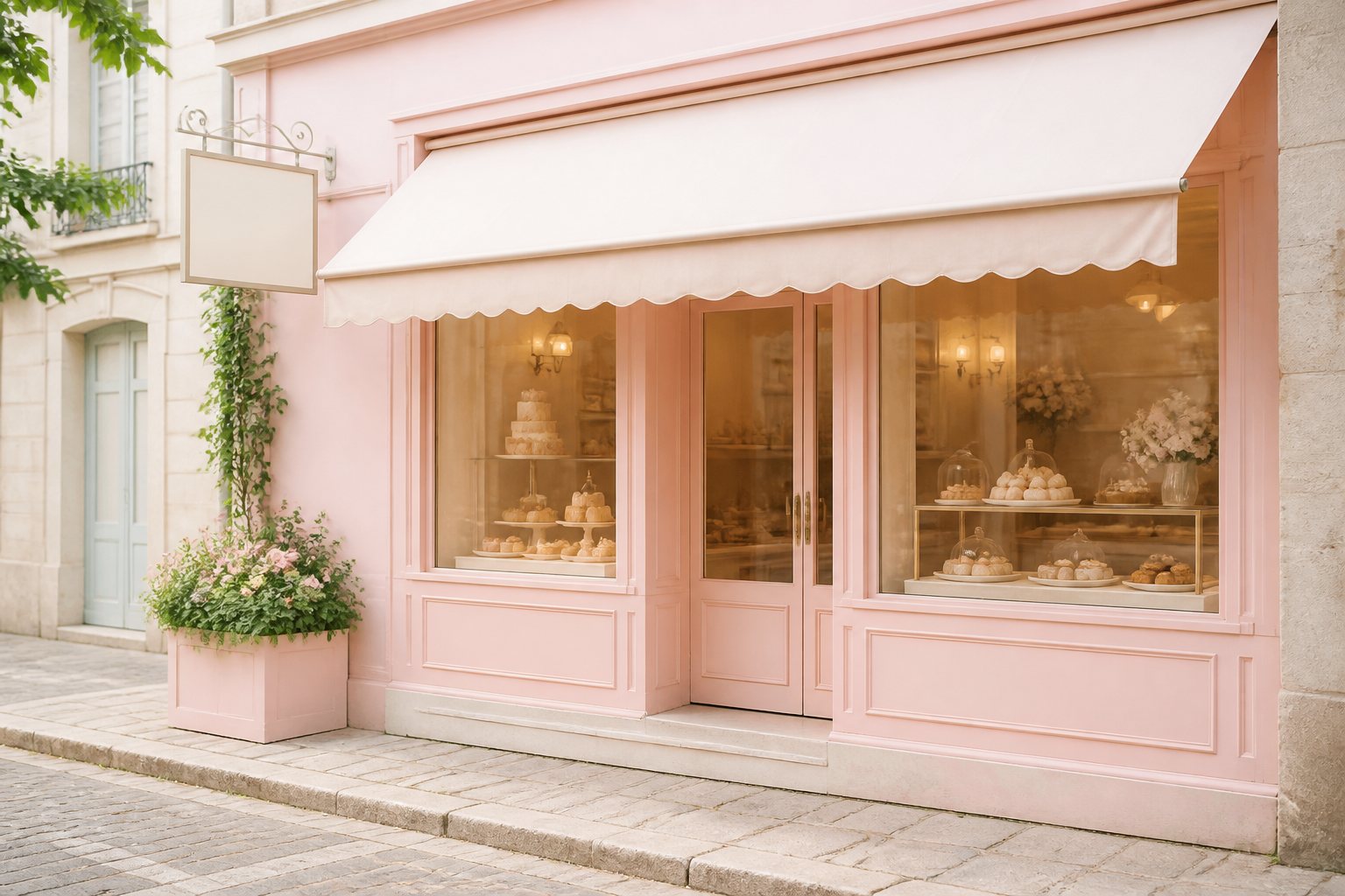 パステルピンクの外壁とクリーム色のオーニングテントのポポット店舗外観